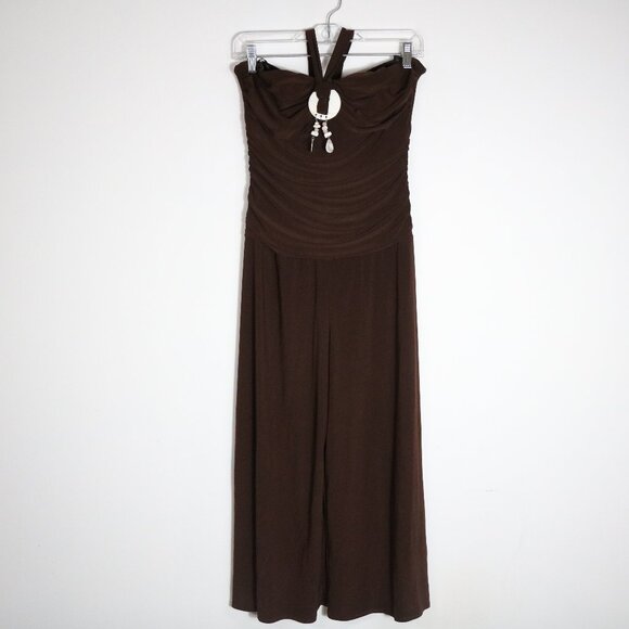 B. Smart Vintage Y2K Gaucho Halter Wide Leg Crop Jumpsuit Womens 10 Brown Shell - Picture 1 of 6
